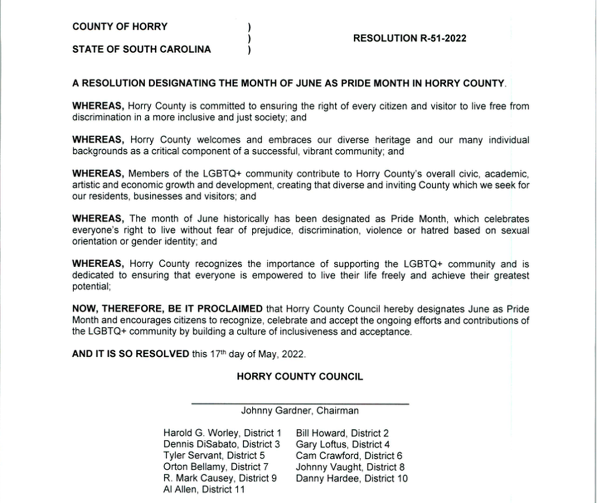 A copy of Horry County Council’s resolution to designate June as Pride Month that passed in May. The council rescinded the resolution in June.