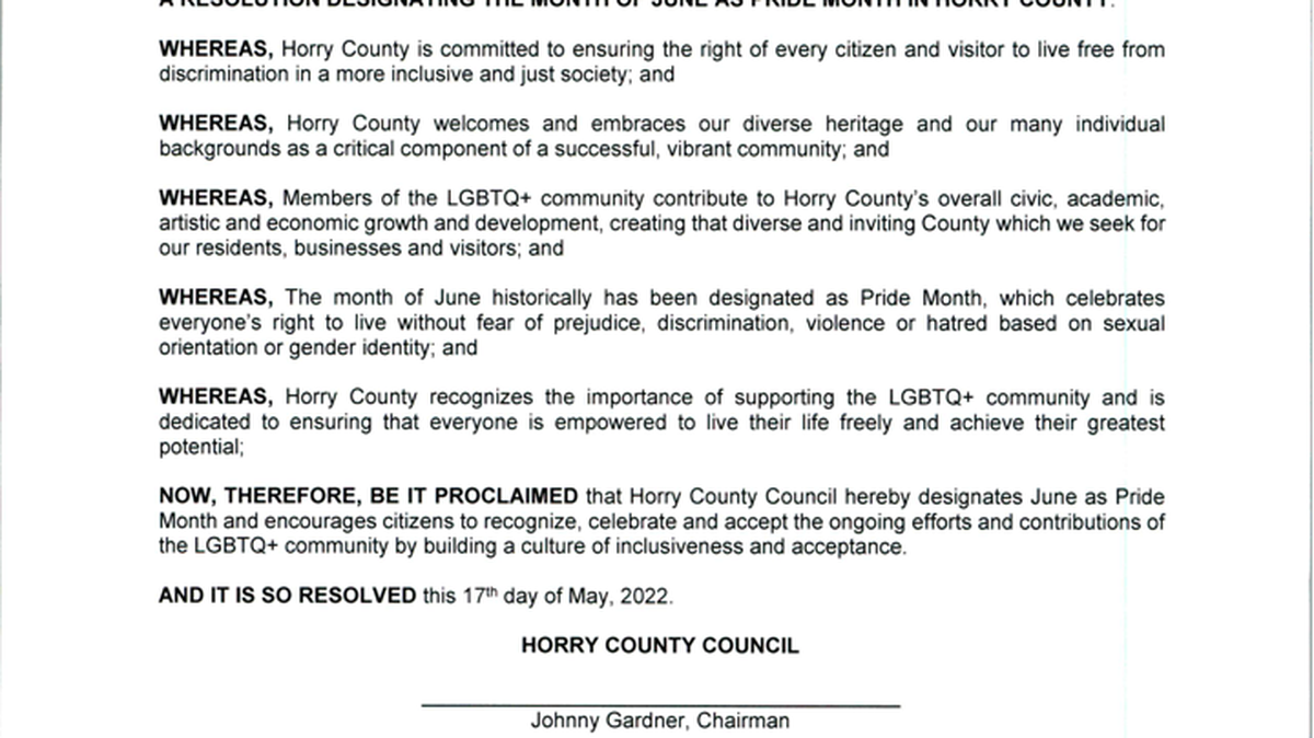 A copy of Horry County Council’s resolution to designate June as Pride Month that passed in May. The council rescinded the resolution in June.