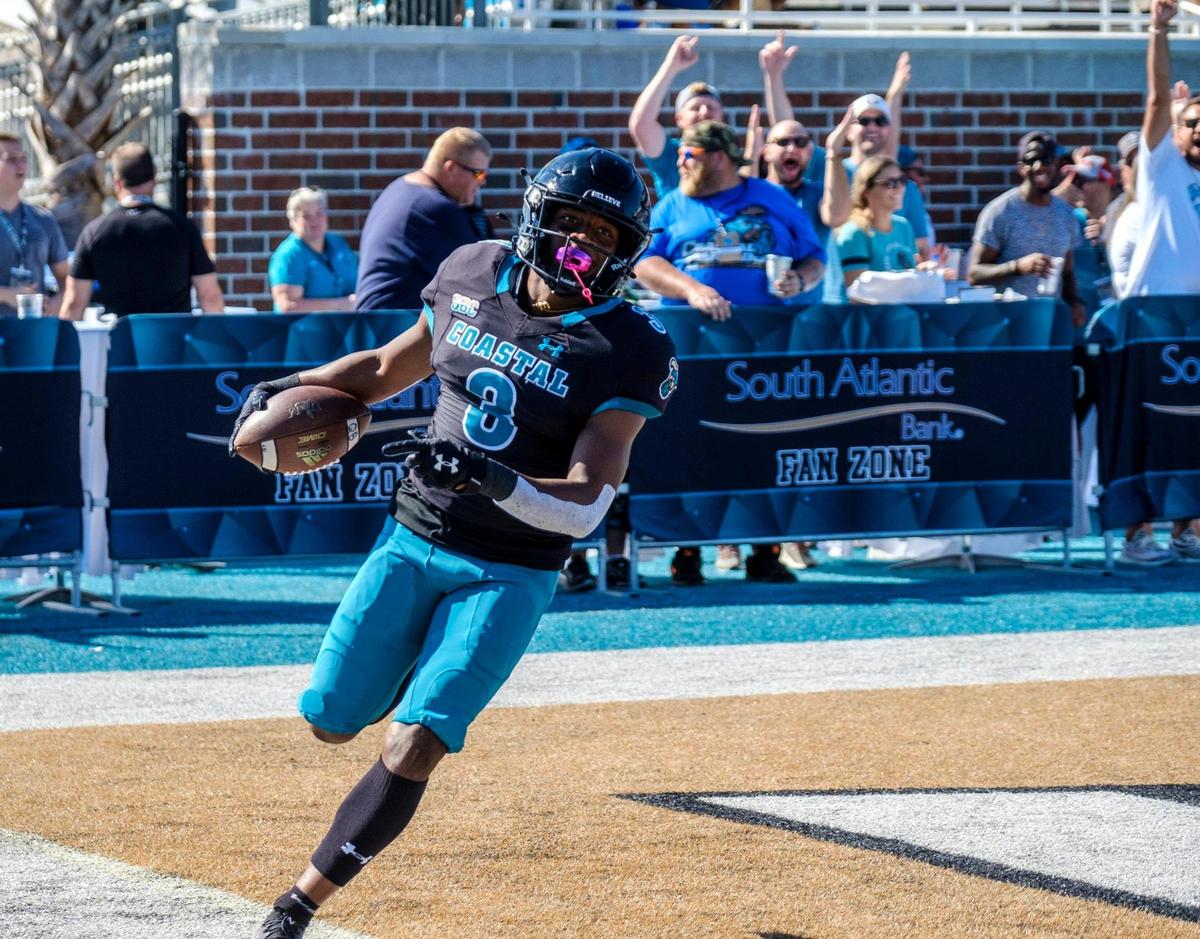Coastal’s Aaron Bedgood recovers a blocked punt for a touchdown on Saturday. The No. 16 Coastal Carolina University Chanticleers college football team defeated Louisiana-Monroe Warhawks Saturday at Brooks Stadium in Conway, SC. Oct. 2, 2021.