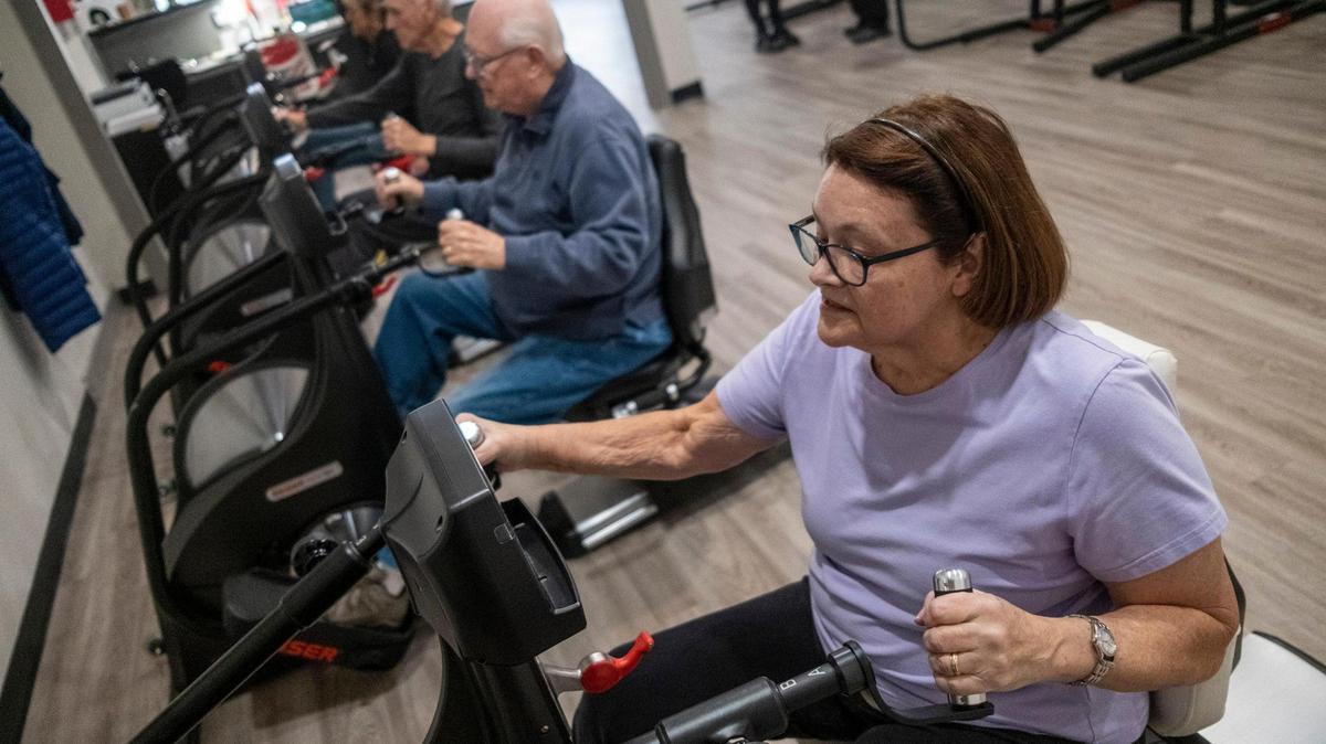 Diana Johnston, age 73, exercises at the Push Pull Resistance Training for Seniors is operated by Greg and Brenda Hoffman in Little River, S.C. The gym offers personalized strength training workouts with air resistance machines to help seniors stay active. February 3, 2023.