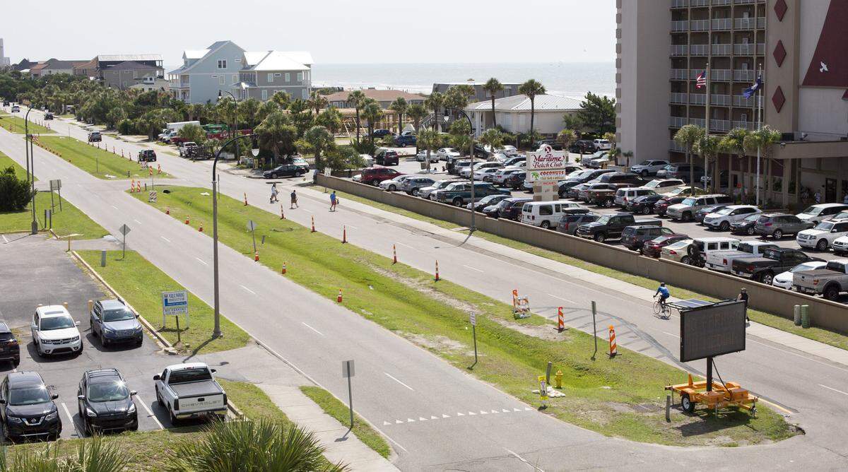 "No parking" signs sit in the median on June 25 between 4th Avenue North and 5th Avenue North in North Myrtle Beach.