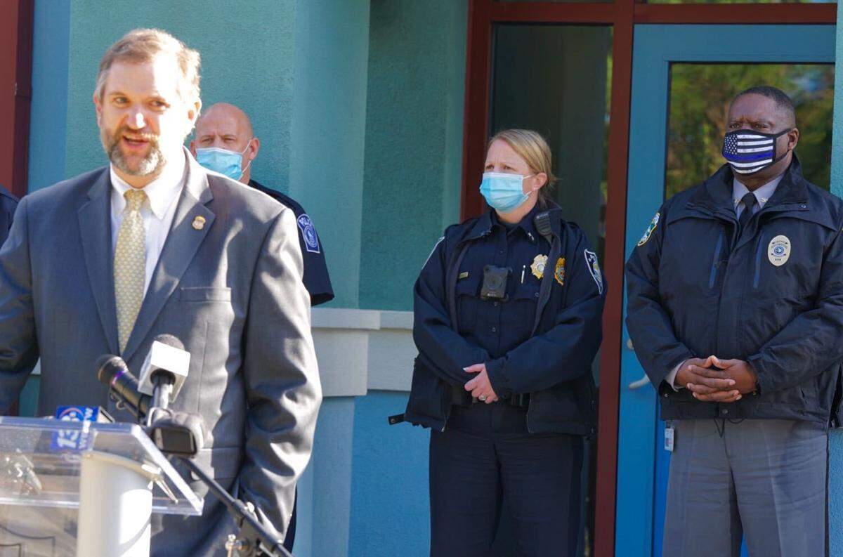 Assistant United States Attorney Everett McMillian speaks at a press conference in Myrtle Beach. Behind him are Myrtle Beach Police Chief Amy Prock and Horry County Police Chief Joe Hill.