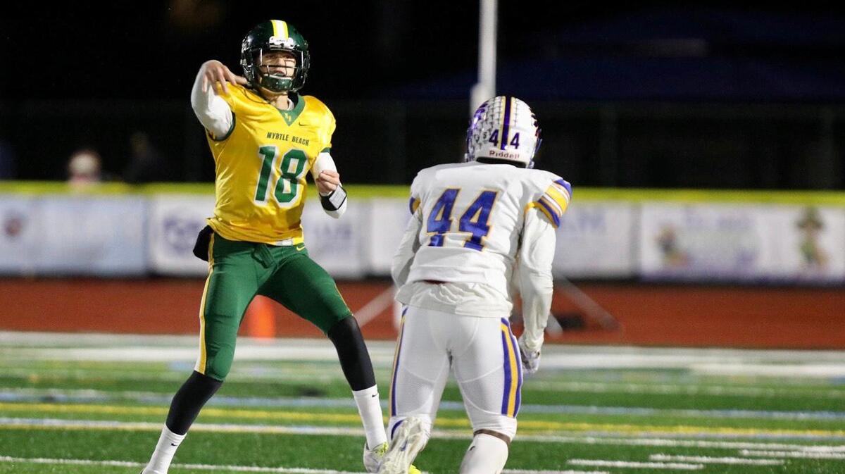 Sophomore quarterback Ryan Burger throws a pass for Myrtle Beach against North Myrtle Beach on Thursday night at Doug Shaw Memorial Stadium.