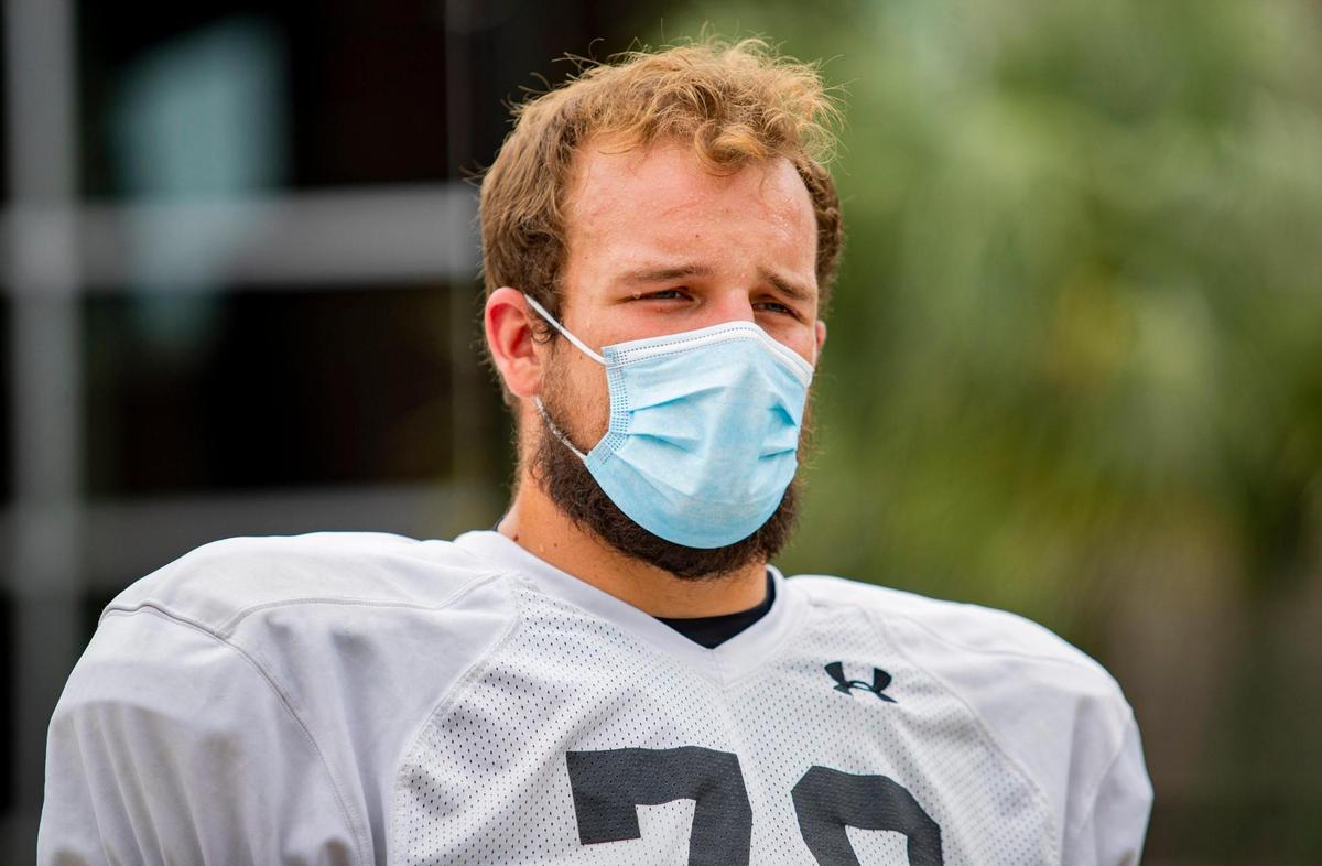 Coastal Carolina redshirt senior offensive lineman Steven Bedosky speaks with media members ahead of practice at Brooks Stadium Tuesday afternoon. | August 25, 2020