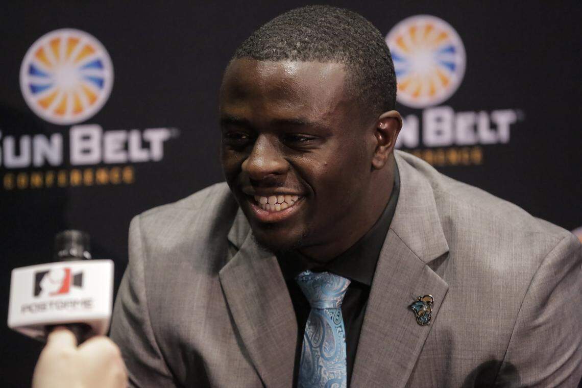 Coastal Carolina senior defensive end Tarron Jackson spoke to reporters last July at the 2019 Sun Belt Conference Football Media Day at the Mercedes-Benz Superdome in New Orleans.