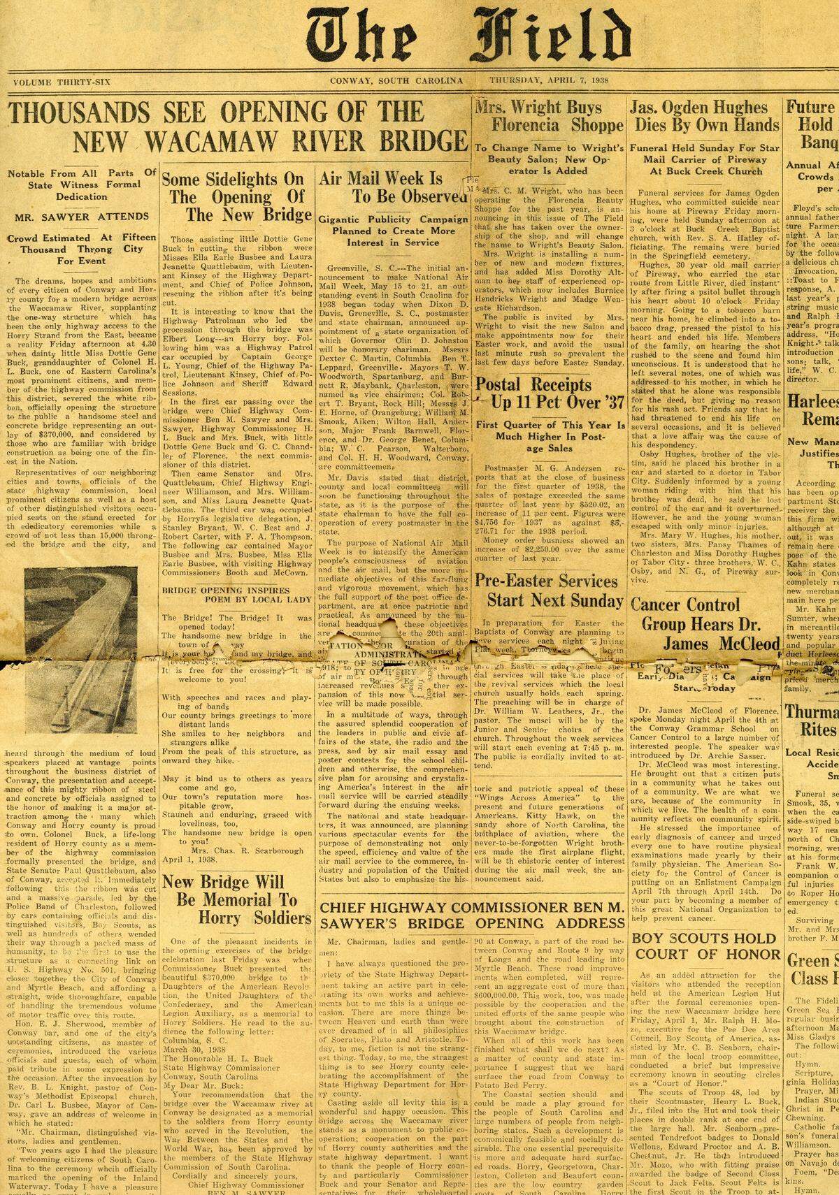 The front page of Conway newspaper The Field from April 7 1938. Courtesy of The Horry County Museum.