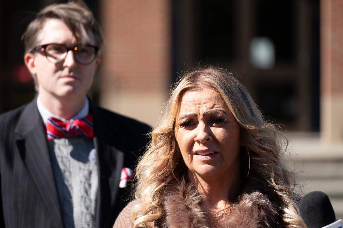 Brittanee Drexel’s mother, Dawn Pleckan talks to the media at a press conference announcing a civil lawsuit against both Raymond Moody, the man who confessed to her kidnapping and murder in 2009, and the Bar Harbor Resort in Myrtle Beach where she stayed during her visit to the area. November 2, 2023.