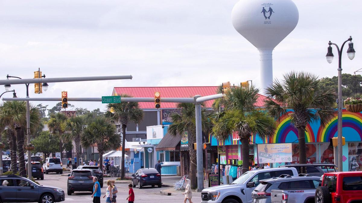 A view up Main Street in North Myrtle Beach, S.C. from the the parking lot and beach access point locally known as the “horse shoe.” North Myrtle Beach is growing at a rapid rate, causing a boom in real estate. June 21, 2023.
