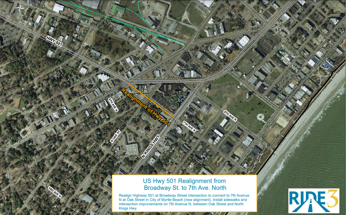Plan for future realignment of U.S. Highway 501 in downtown Myrtle Beach. The project with connect 501 to 7th Ave. N., reducing the number of intersections from three to one. Sept. 20, 2023.