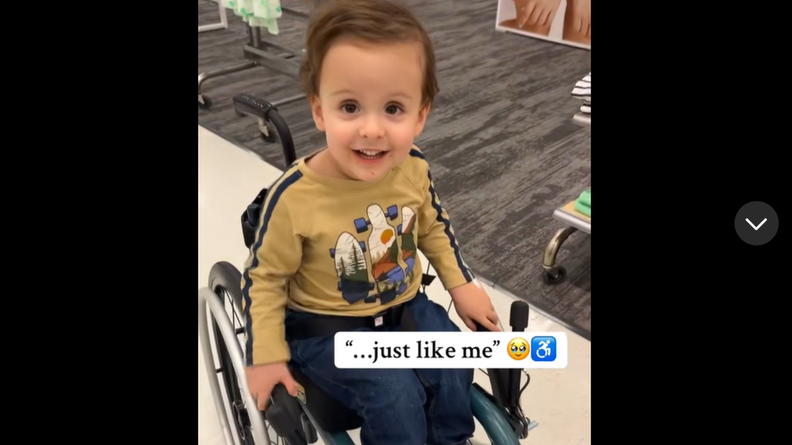 A screenshot from Bri Spinelli’s TikTok video shows the moment her son Ezra spots a relatable advertisement in Target. The heartwarming video has amassed millions of views. @ezbruhhspinz on TikTok