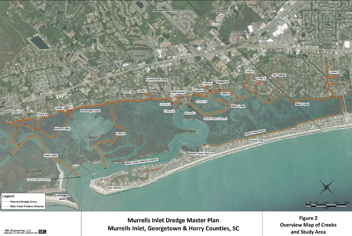 Oaks Creek, Allston Creek, Creeks A & B and Main Creek (upstream of the end of the Federal Channel) have not received full-scale dredging before. The remaining creeks have been dredged previously and/or manmade features that were dug through marsh or uplands, according to Georgetown County officials.