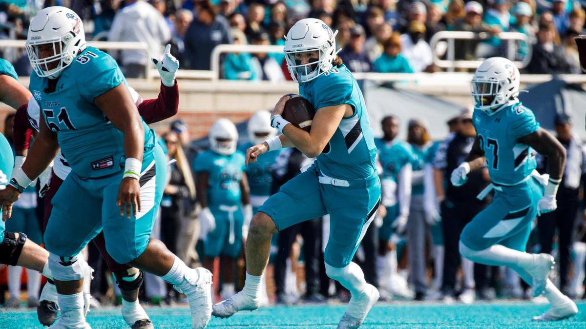 Coastal’s Grayson McCall runs the ball against Texas State after missing last week due to injury. Coastal Carolina played Texas State in college football. The Coastal Carolina Chanticleers played the Texas State Bobcats in a Sun Belt Conference NCAA FBS college football game in Conway SC. Nov. 20, 2021.