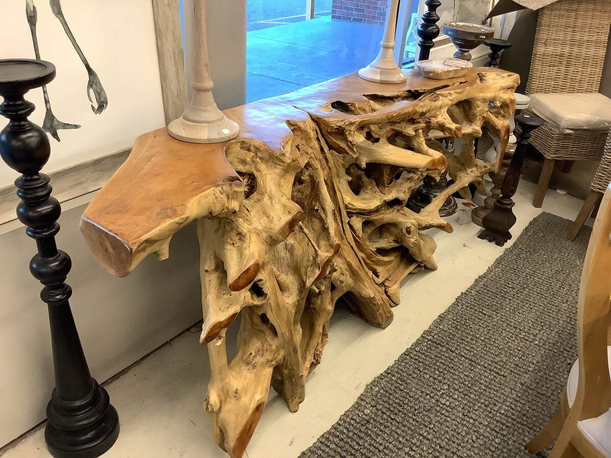 Teak root products are featured at Sago House Furniture, which is moving to Northwood Plaza in Myrtle Beach.