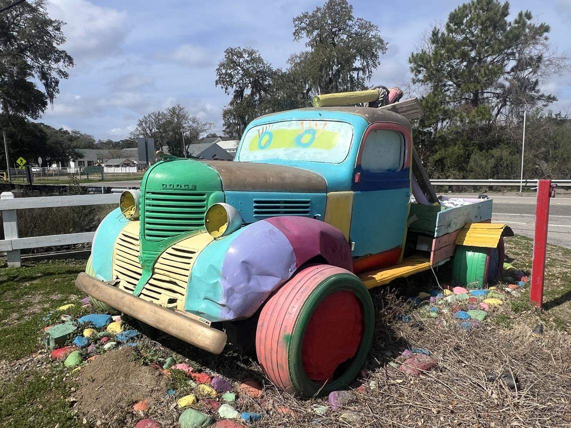 A brightly painted classic truck marks the entrance to a new waterfront restaurant that opened in Murrells Inlet, SC. The pirate themed, Inlet Shipwreck Bar and Grill specializes in casual seafood and comfort food. March 4, 2026.
