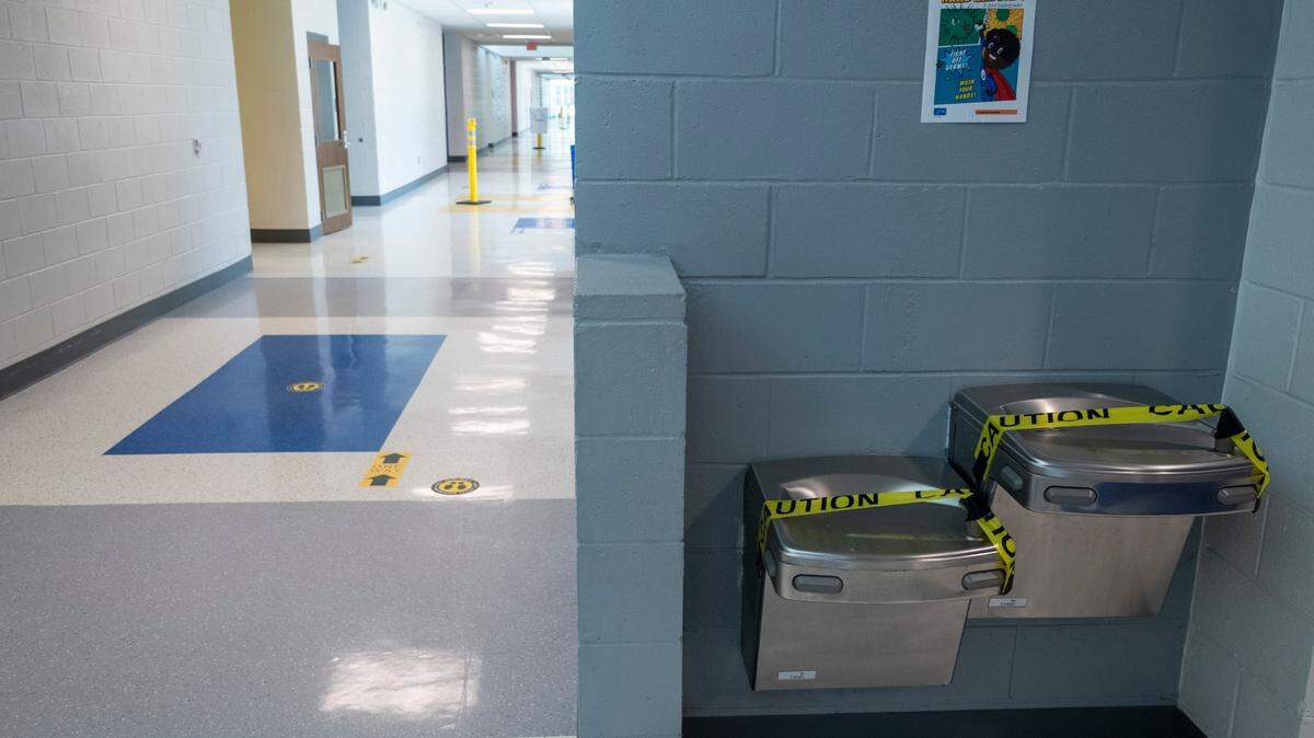 Taped off water fountains at North Myrtle Beach Middle School in North Myrtle Beach, South Carolina, seen here on Aug. 27, 2020. Fountains at Chapel Hill-Carrboro schools have been turned off since the start of the pandemic.