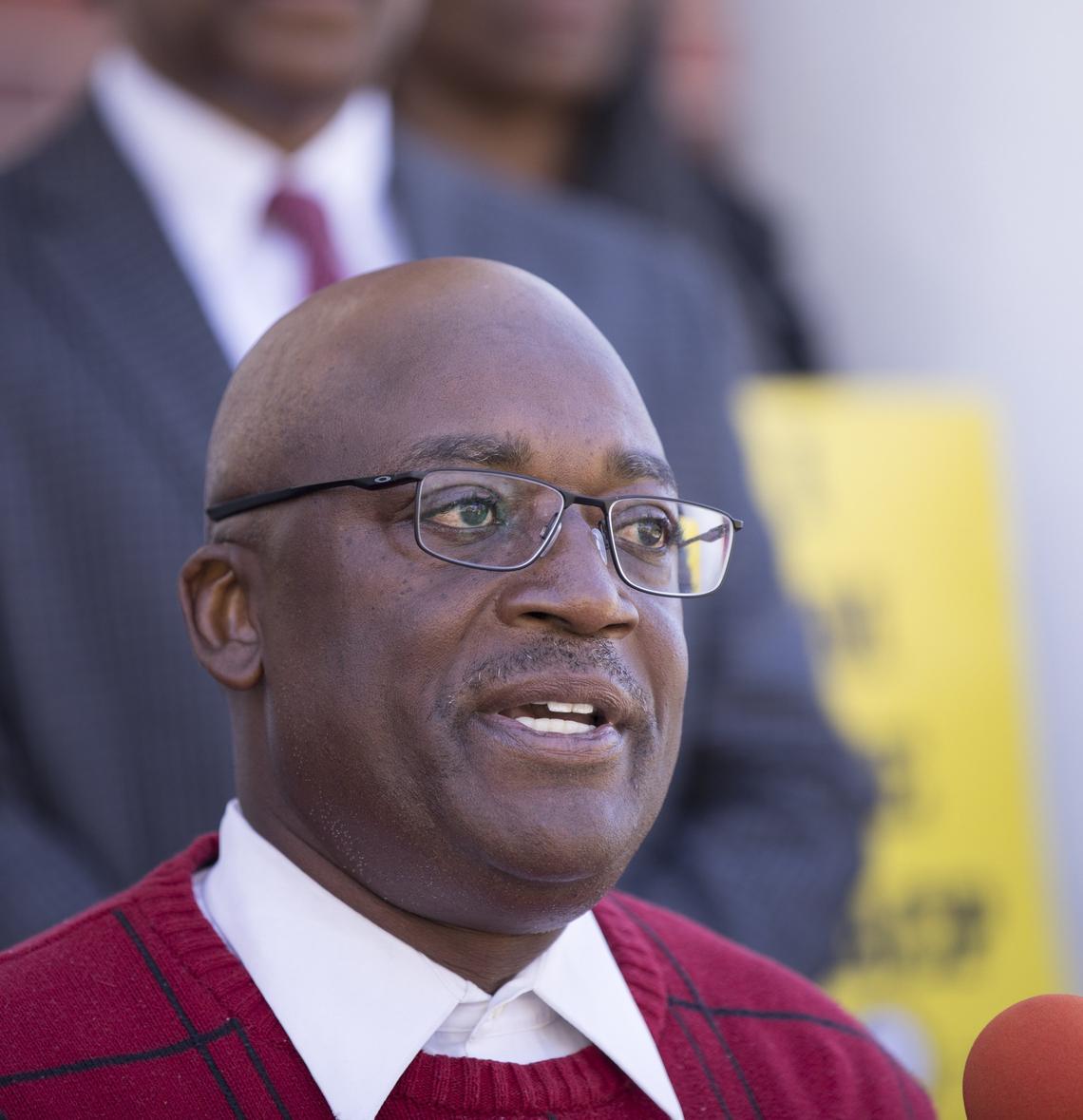 Mickey James, Myrtle Beach NAACP branch president, speaks about the reasons for a lawsuit against the City of Myrtle Beach and the Myrtle Beach Police during a press conference on Tuesday. The group has also filed a preliminary injunction against the "traffic loop" during the event. Feb. 27, 2018.