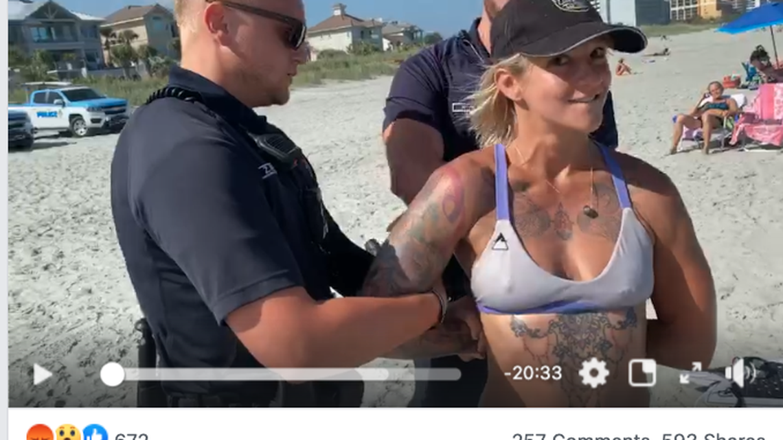 Sam Panda shared a video to Facebook showing her being detained at Myrtle Beach for wearing a thong bikini.