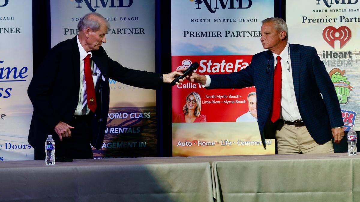 North Myrtle Beach mayoral candidates Mike Mahaney and J. Baldwin met voters and discussed key issues at a candidate forum Wednesday night.