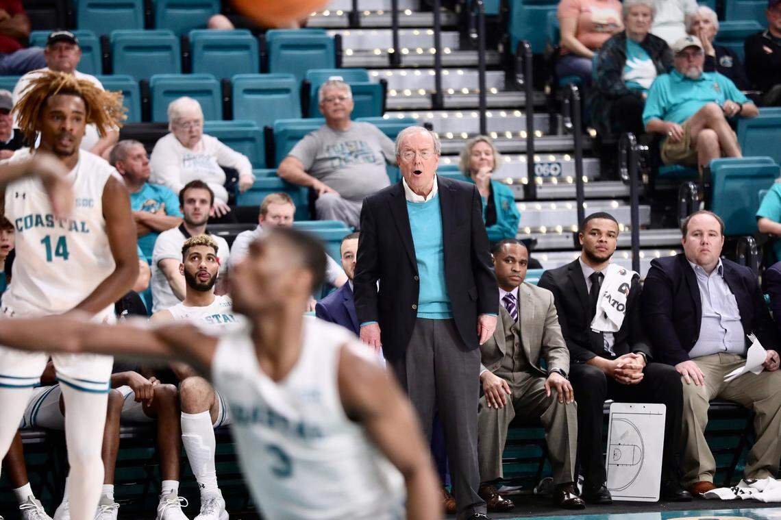 Coastal Carolina head coach Cliff Ellis watches during the Chanticleers’ 85-74 loss in The Basketball Classic championship game at the HTC Center in Conway SC on Friday night.