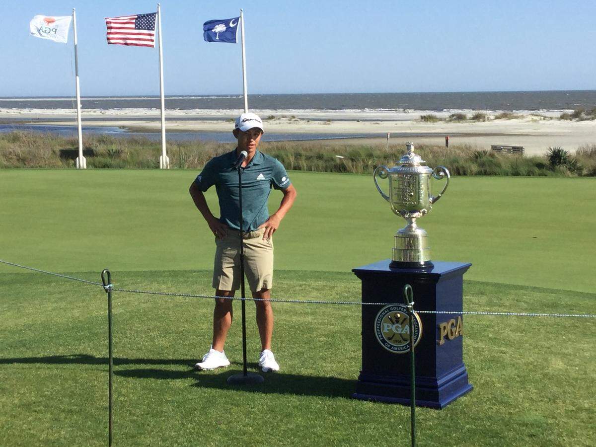 Collin Morikawa, winner of the 2020 PGA Championship, speaks to the media beside the Wanamaker Trophy at Kiawah Island Golf Resort’s Ocean Course on Monday. Morikawa will defend his title and the trophy at the 2021 PGA Championship at the course from May 20-23. April 12, 2021