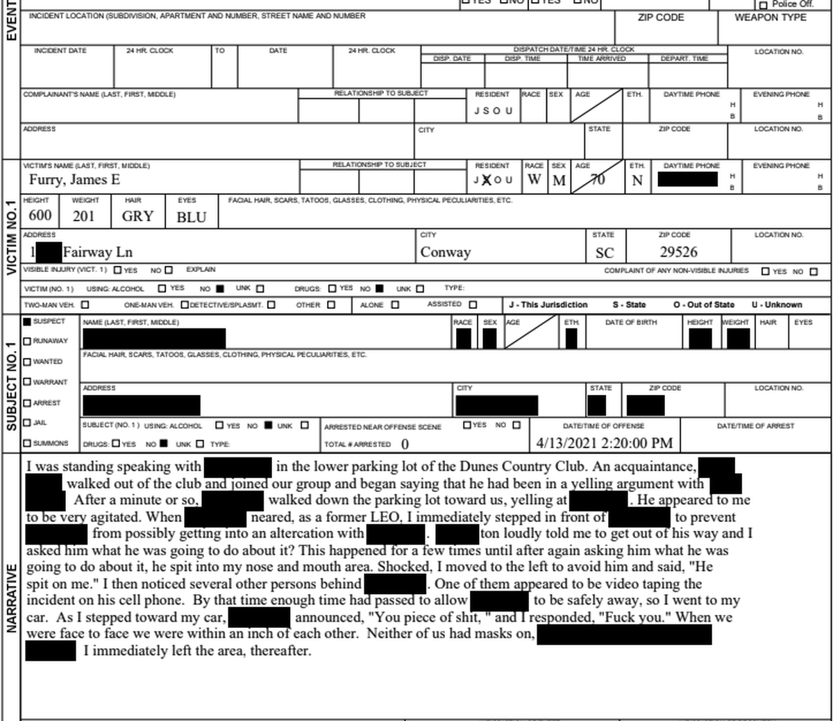 A screenshot of a police report filed by Jim Furry after an altercation with Chad Caton at the Dunes Country Club earlier this month.