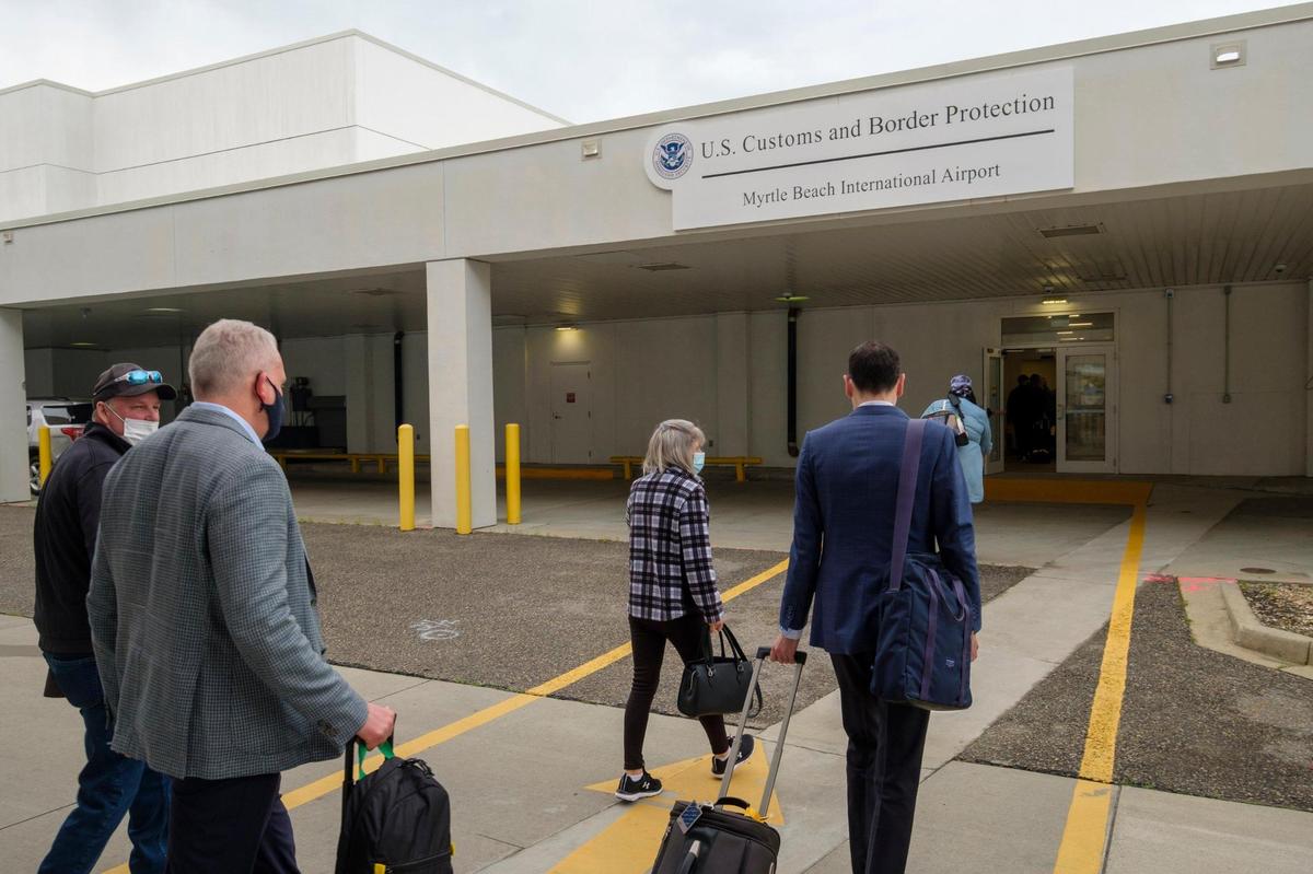 Canadian passengers from Porter Airlines pass through U.S. Customs and Border Protection at Myrtle Beach International Airport. The airline resumed service to Myrtle Beach (MYR) after a two year hiatus due to COVID-19 on Wednesday. Porter Airlines will now fly nonstop between Myrtle Beach (MYR) and Toronto (YTZ) twice a week on Wednesdays and Saturdays. Flights will run through the remainder of spring with the last flight departing on May 28 during Memorial Day weekend. March 09, 2022.