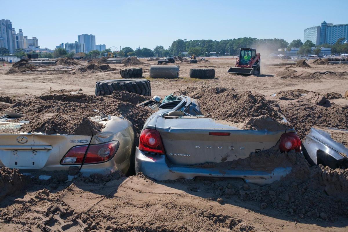 Crushed cars are one of the obstacles at the 2024 Jeep Jam course. Preparations are being completed today for the 2024 Jeep Jam event being held at the former Myrtle Square Mall site this weekend in Myrtle Beach. The event features a range of obstacles for Jeep owners to test their vehicles. Oct. 24, 2024.
