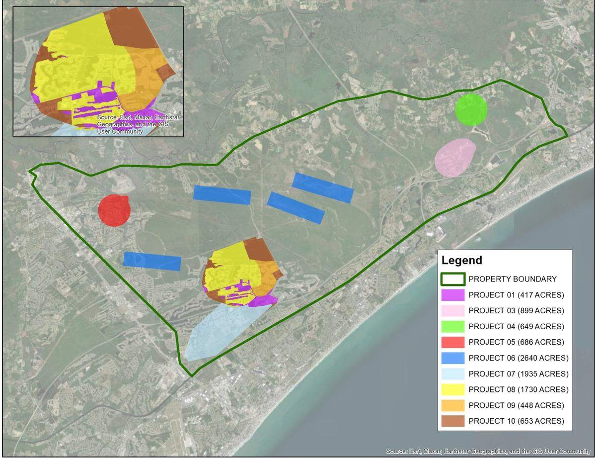 An aerial map of the Conway Bombing and Gunnery Range sites and the projects undertaken by the U.S. Army Corps of Engineers to identify potential risks and clean-up the WWII era range.