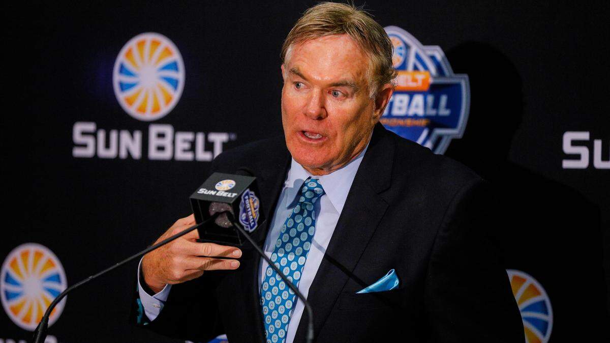 Coastal Carolina football coach Joe Moglia speaks on July 23 during Sun Belt Conference Football Media Day in New Orleans.