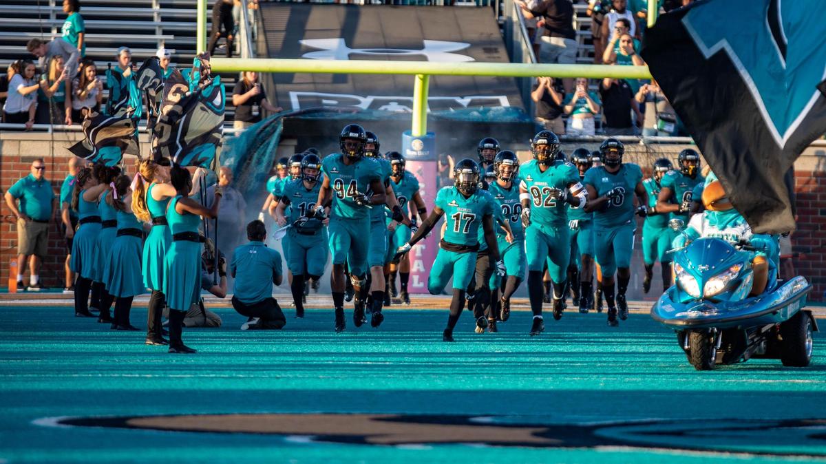 The Coastal Carolina Chanticleers take the field last Saturday at Brooks Stadium in Conway before their game against the University of Louisiana-Monroe. The Chants play at Massachusetts at 3:30 p.m. Saturday.