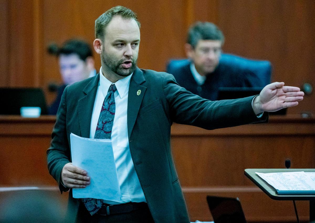 Horry County Assistant Solicitor Seth Oskin delivers closing statements on behalf of the State on the final day of trial for Jordan Hodge and her boyfriend, Kenneth Carlisle. Hodge and Carlisle, are on trial for two counts of murder in connection to the killing of 45-year-old William “Chet” Clemons and his 64-year-old wife, Linda McAllister.