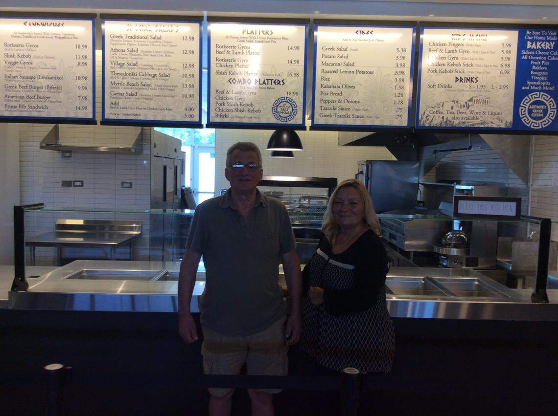 Liljana ‘Lily’ Parastatidis (right) and baker Theo Korosidis plan to open Opa Opa Taverna, a Greek fast food restaurant and bakery, on Aug. 23 in the Village Shops at Grande Dunes in Myrtle Beach.