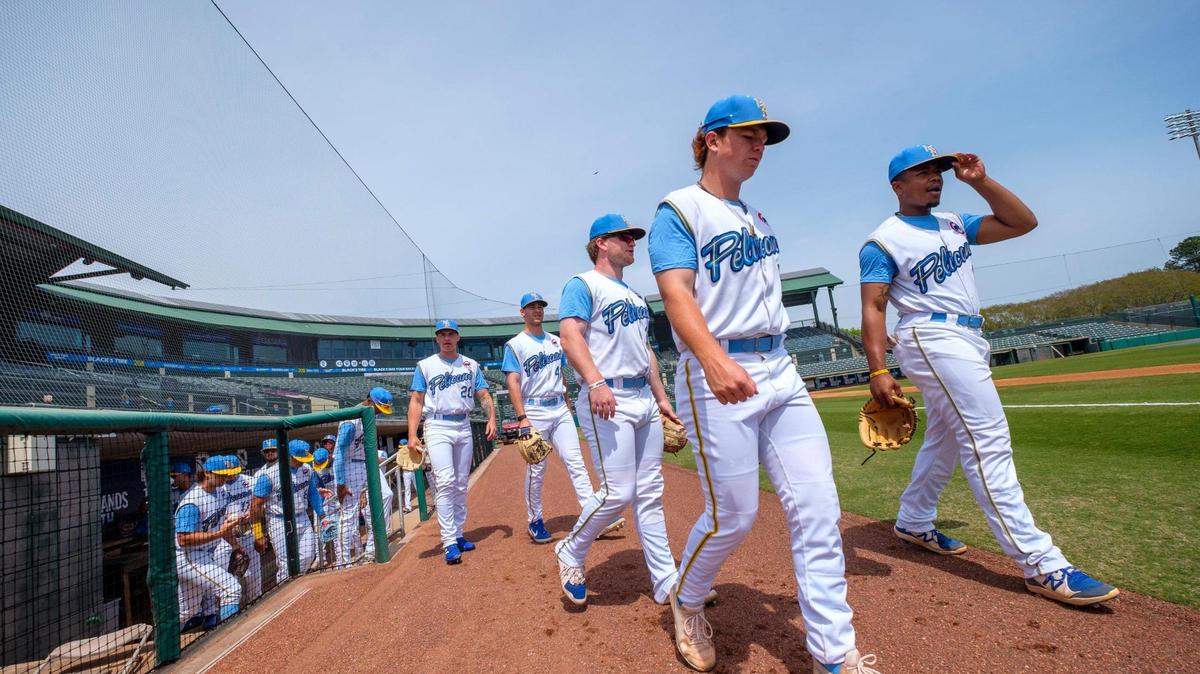 The Myrtle Beach Pelicans practice on April 5 in advance of the 2022 season opener.