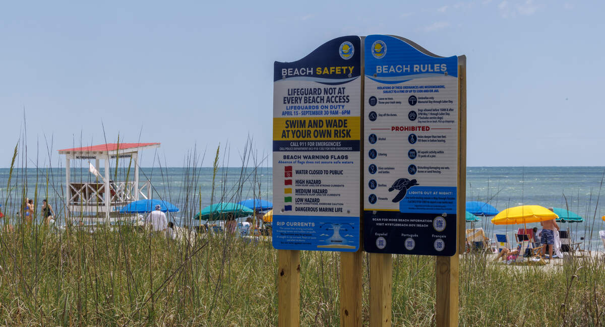 Myrtle Beach lifeguards watch over swimmers during red flag conditions. Myrtle Beach uses a system of colored flags to warn of ocean conditions with signs placed at beach front accesses to educate beachgoers. June 16, 2026.