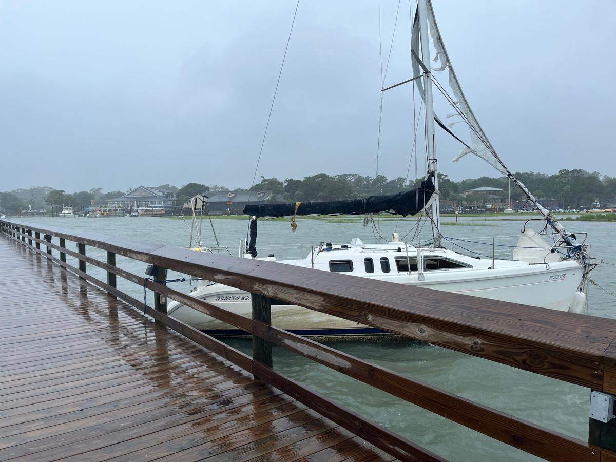 A sailboat briefly broke loose near the MarshWalk in Murrells Inlet Wednesday, Aug. 7 during Tropical Storm Debby, and it was secured near the end of the Veteran’s Pier.