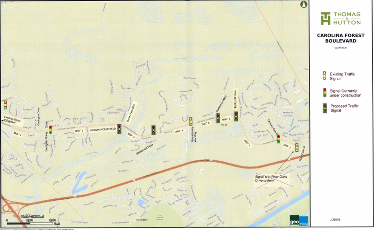 A map of all the traffic lights that could be placed along Carolina Forest Boulevard.
