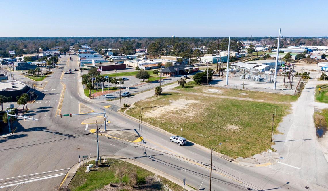 An overhead view of the propsed location of the new Chapin Memorial Library, an empty lot right next door to the Myrtle Beach Train Depot, in downtown Myrtle Beach Wednesday morning.