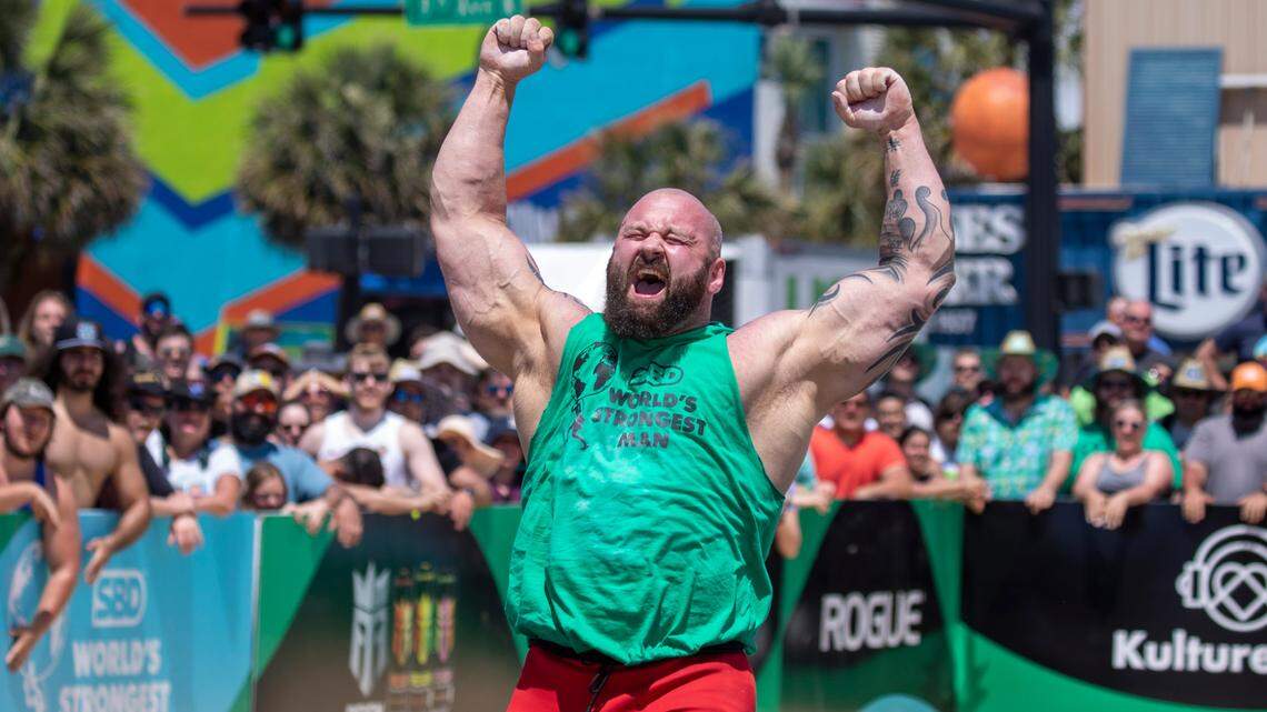 Pa O’Dwyer of Ireland celebrates kettlebell at the Worlds Strongest Man competition being held in Myrtle Beach this weekend with competitors from around the world facing off for the title. Photo originally taken April 20, 2023.