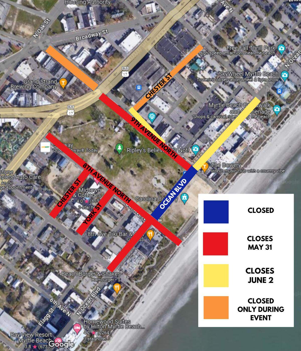 A map from the city shows Myrtle Beach road closures during the 2026 Carolina Country Music Festival.