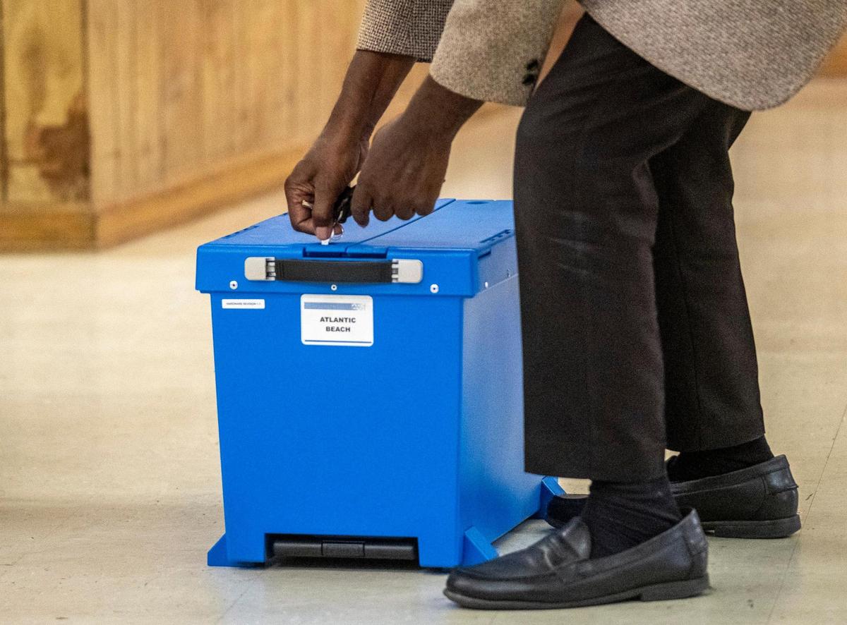 Atlantic Beach Election Committee Chairman Joe Montgomery unlocks the ballot box on Thursday at the town’s Community Center. The Atlantic Beach Election Commission reviewed 18 challenged ballots from the SC town’s Nov. 7 mayoral and town council election and all were accepted as legitimate. The commission will hold a recount Friday and likely a runoff election, according to Chairman Joe Montgomery. Nov. 9, 2023.