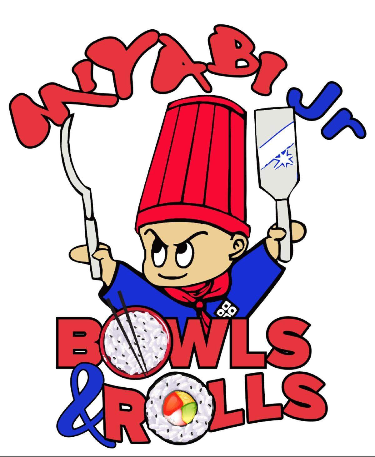 A logo prototype for the Miyabi Junior Bowls & Rolls food truck.