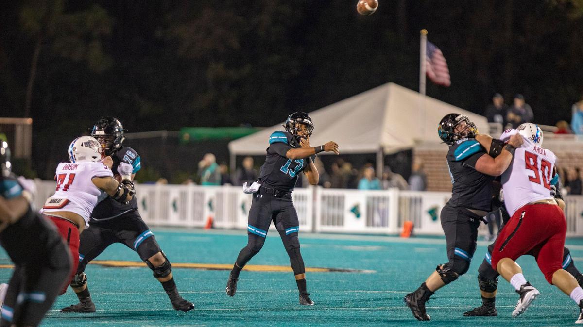 Coastal Carolina freshman quarterback Fred Payton throws a pass against the Arkansas State Red Wolves Saturday night at Brooks Stadium in Conway. Payton is expected to start Saturday’s 5 p.m. game against Georgia Southern.
