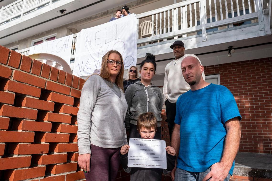 Cortney Walters and her boyfriend Robert Dunn (foreground) say that they and other former members of the Aquarius staff are being told they no longer have positions at the motel and will not be allowed to stay due to the motel closing. Long term residents and former staff members of the Aquarius Motel in Myrtle Beach say they are being evicted with little notice. December 3, 2020.