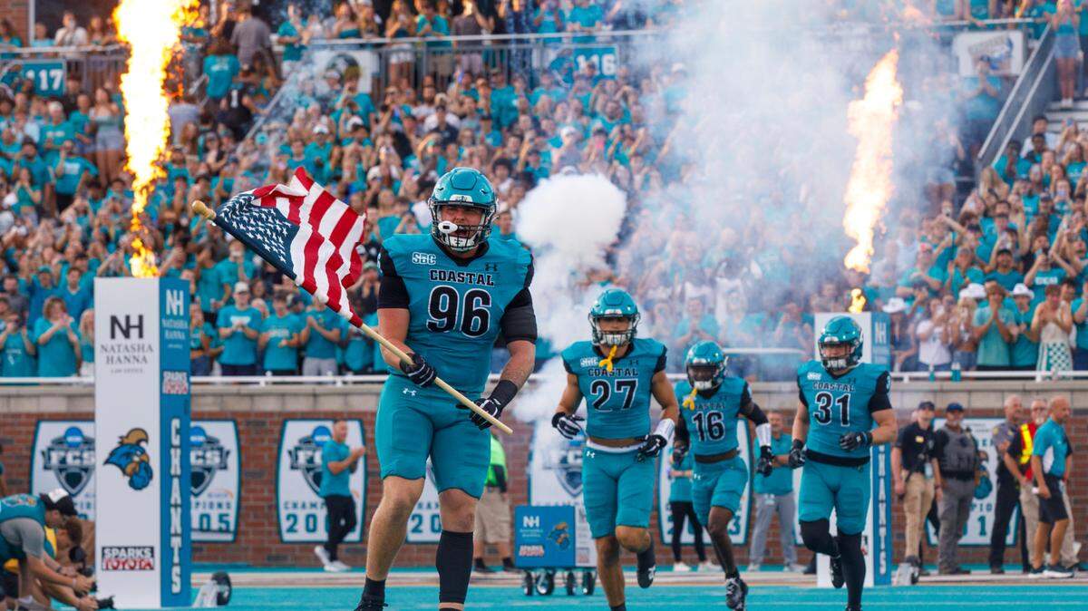 Coastal Carolina University takes on William & Mary at the first home game of the 2024 season on Saturday evening. Sept. 7, 2024. The fire towers and smoke were new additions for the 2024 season.