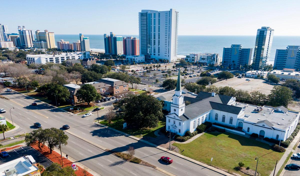 An overhead view of (from left) Chapin Park, the Chapin Memorial Library and First Presbyterian Church in downtown Myrtle Beach Wednesday morning.