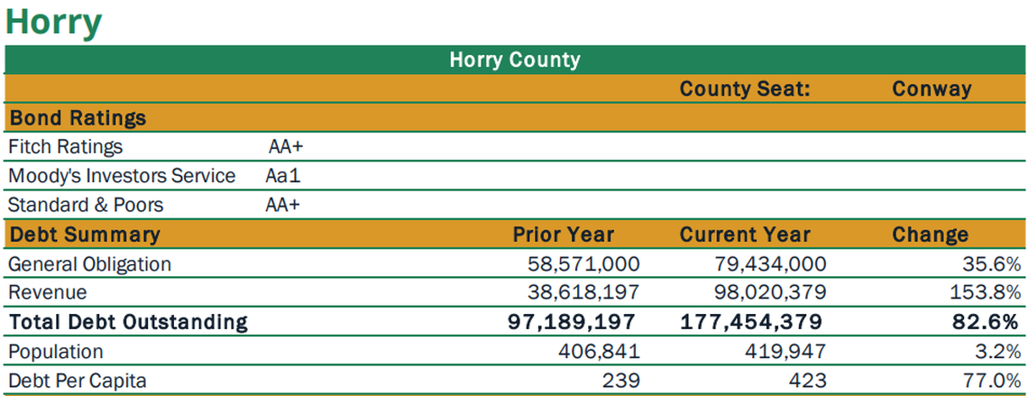 A table of Horry County’s debt from the 2023-2024 fiscal year from the South Carolina Treasurer’s Local Government Debt Report.
