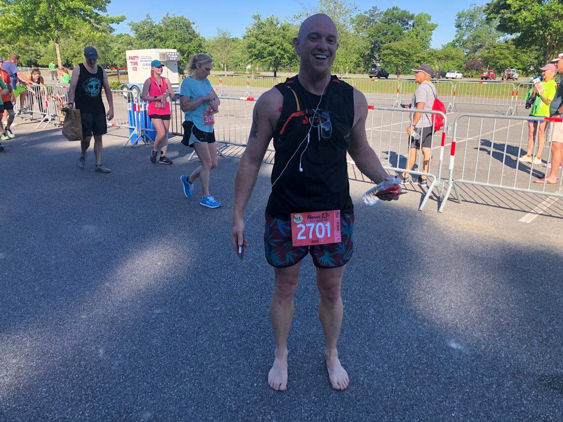 David Tillman of Buies Creek, N.C., ran Saturday’s half marathon in Myrtle Beach barefoot. “It makes me feel like a kid, so I kick off the shoes and go for it,” he said.
