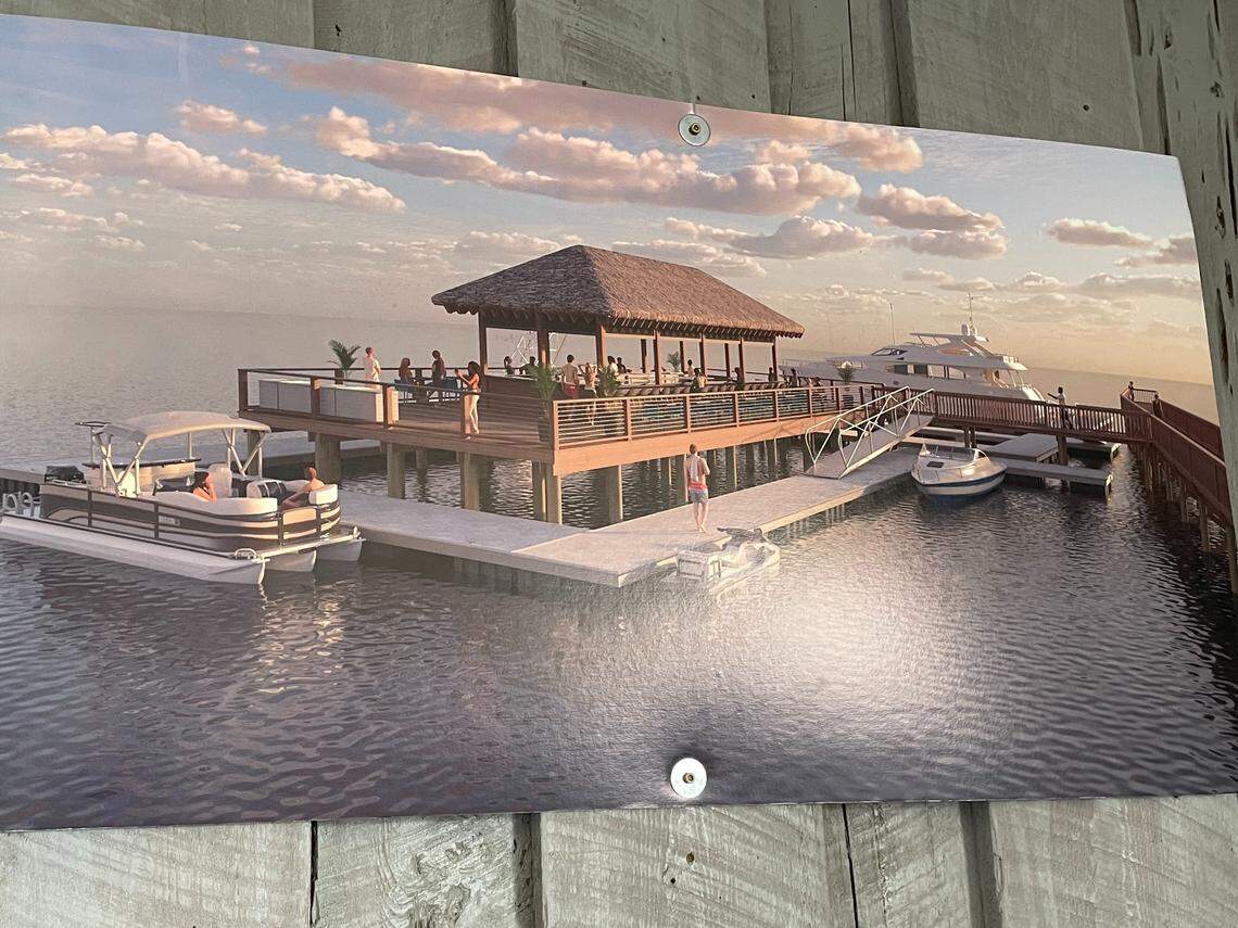 A rendering of a floating dock that will become a tiki bar and full marina hangs inside Makos Marina Bar N Grill, 4492 Water Front Ave. in Little River, SC.