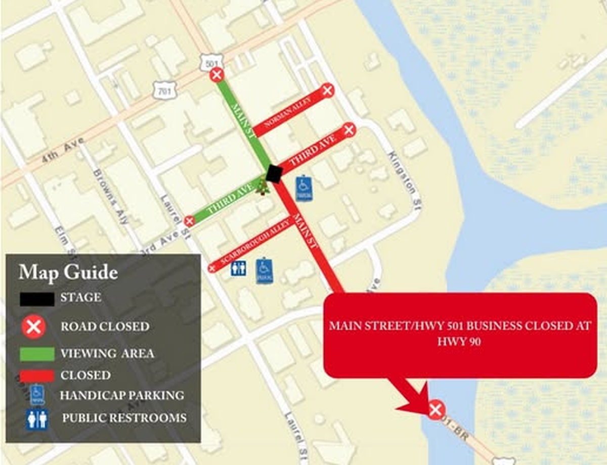 A map shows where certain roads in Conway will close to traffic and parking for the city’s Christmas tree lighting taking place on Dec. 4 at 6 p.m.