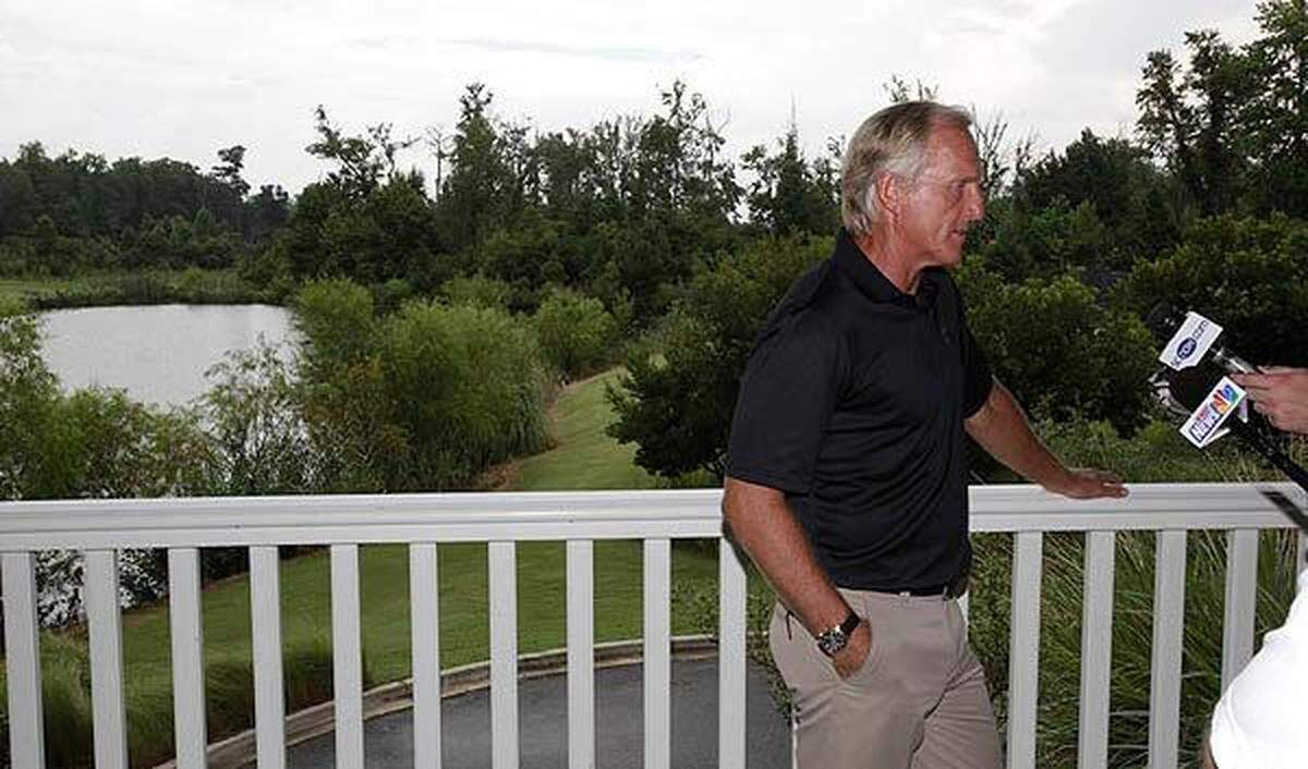 Golf legend Greg Norman talks with the local media Aug. 19, 2010, at the Barefoot Resort Golf Club clubhouse in North Myrtle Beach. Norman announced plans to open the Greg Norman’s Champions Golf Academy U.S. East Coast headquarters at the North Myrtle Beach golf resort.